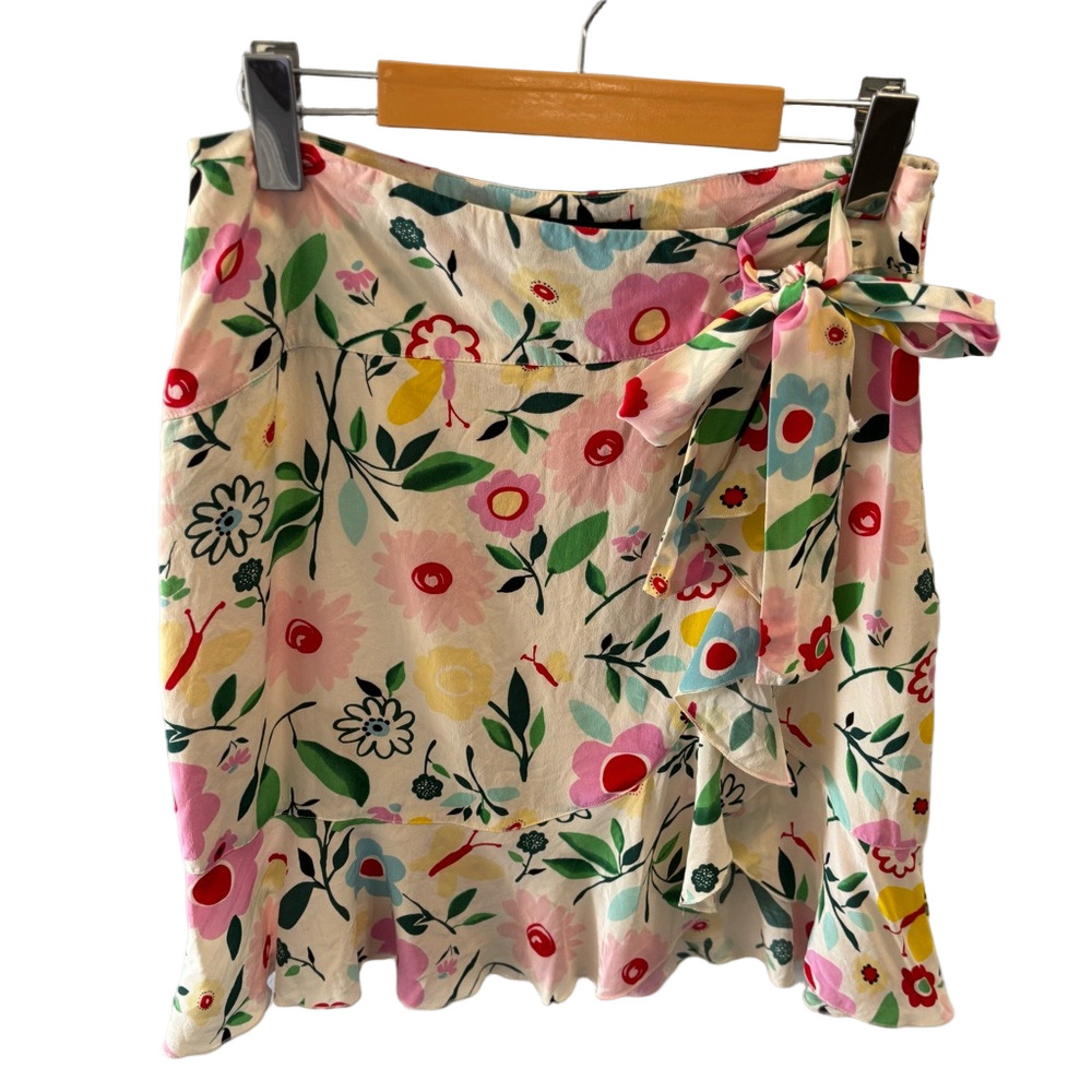 Sandra Angelozzi 100% Silk Floral Lined Faux Wrap Mini Skirt Ruffle Size 34